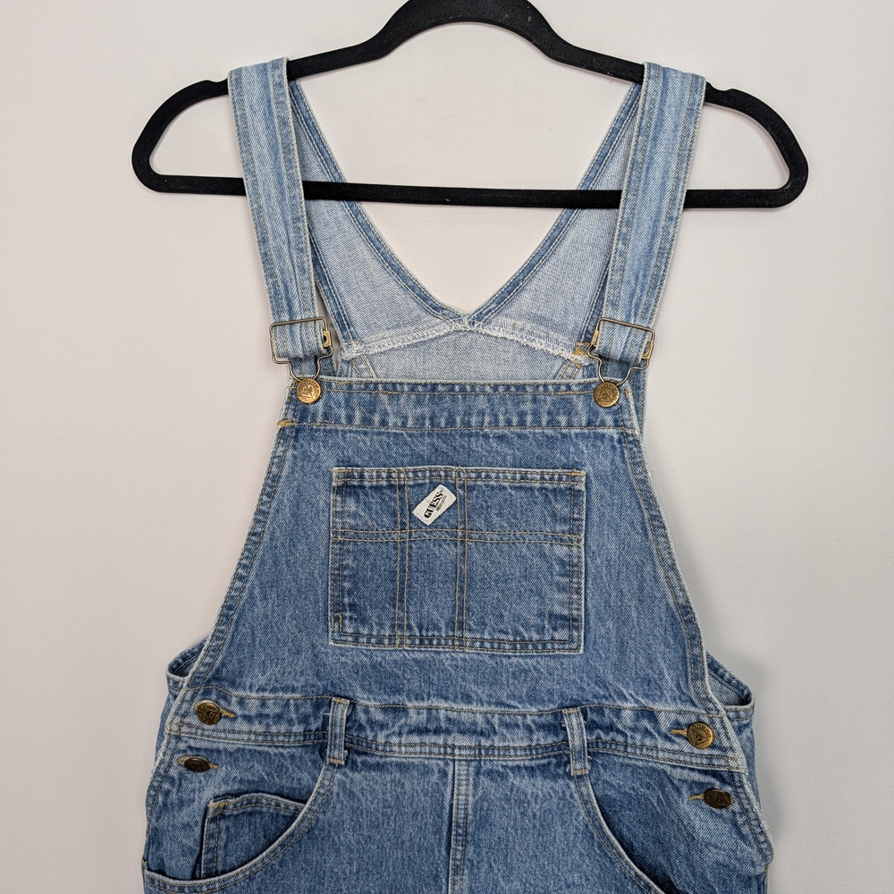 Vintage 90s Guess Denim Overall Dress Jean Pinafore Mini - Picture 3 of 12